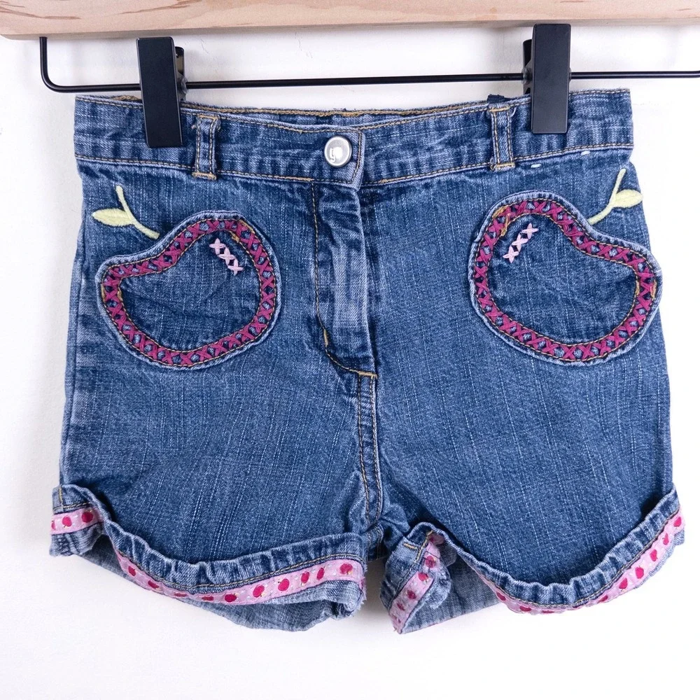 Vintage Y2K Gymboree Denim Shorts‎ Kids 3T Blue Apple Embroidery Ribbon Trim